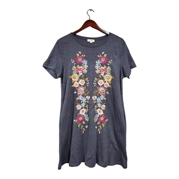 Umgee Womens Small Tunic T Shirt Dress Embroidered Floral Blue Pink Pockets - Picture 1 of 13